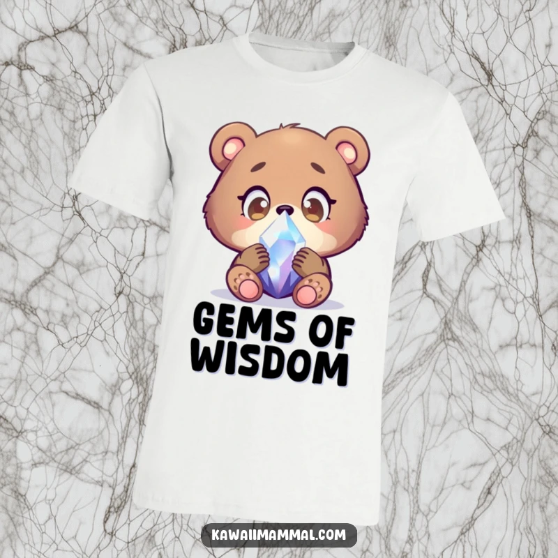 Funny bear cub t-shirt featuring a focused character examining a shimmering crystal with wide, wondering eyes, expressing innocent fascination.