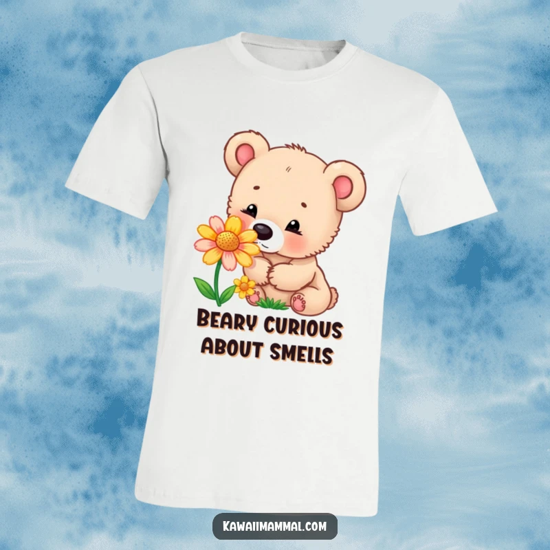 Funny t-shirt with a curious bear cub sniffing a bright, colorful flower, capturing a moment of innocent exploration.