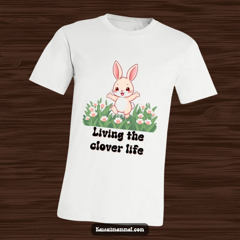 Funny t-shirt with a cute, energetic bunny joyfully hopping through clover, showcasing spring's vibrant spirit and playful nature.