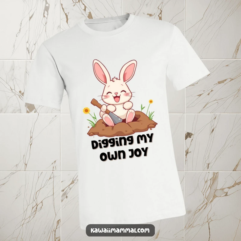 Funny bunny t-shirt with a cheerful character enthusiastically digging a hole, showcasing playful energy and determination.