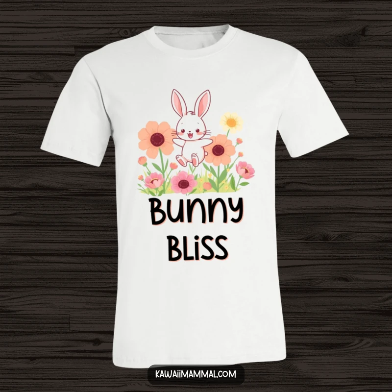 Funny t-shirt featuring a kawaii bunny joyfully hopping amidst giant flowers, embodying happiness and springtime delight.