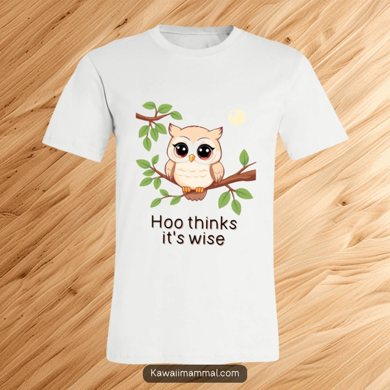 Funny kawaii owl t-shirt featuring a wise character perched on a branch, observing with wide eyes, radiating charm.