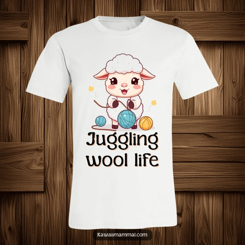 Funny T-Shirt: A cute kawaii sheep juggling yarn balls with a happy expression. A charming and funny gift.
