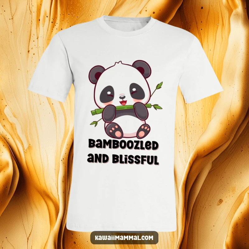 Funny Panda T-Shirt: Adorable kawaii panda happily eating a bamboo stalk, depicting a funny, relaxed enjoyment.