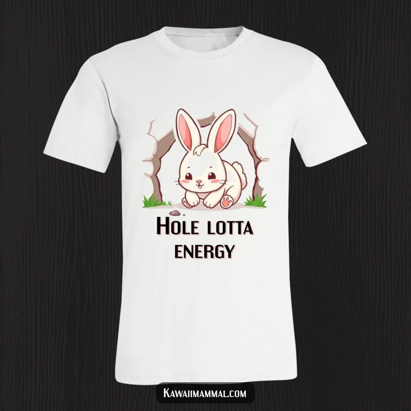 Funny rabbit character, with energetic paws, digging a tunnel with a determined expression, a humorous t-shirt.