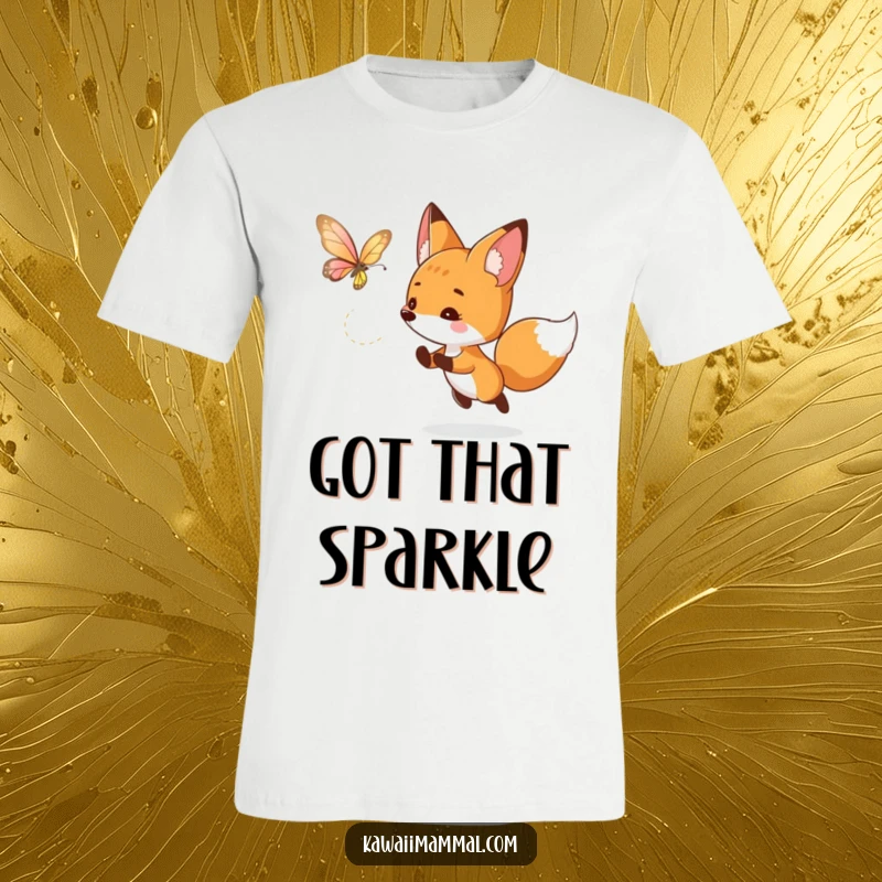 Funny fox t-shirt featuring a curious character playfully chasing a luminous butterfly, embodying lighthearted adventure and playful pursuit.