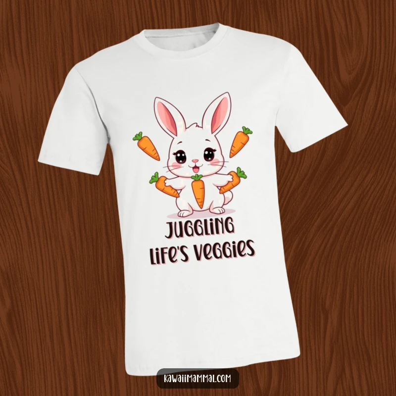 Funny t-shirt featuring a Kawaii rabbit with wide, anxious eyes trying to juggle three carrots simultaneously, showcasing comical effort.