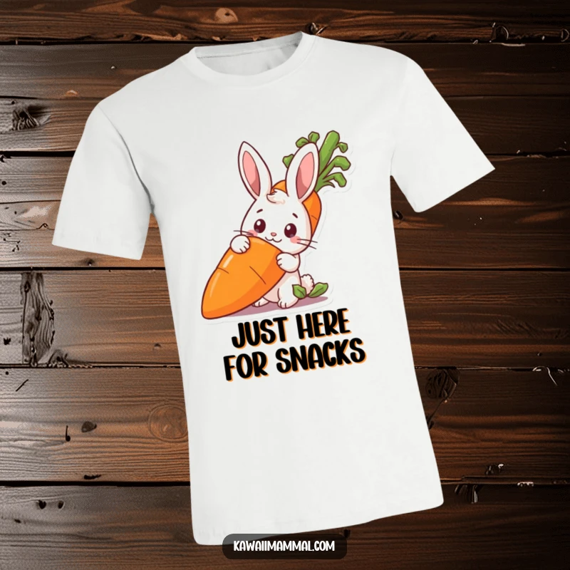 Funny rabbit character peeking from behind a huge carrot on a t-shirt, conveying curiosity and humor.