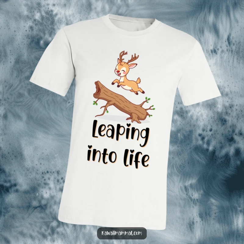 Funny deer character in mid-air, gracefully jumping over a branch, a humorous and stylish t-shirt.