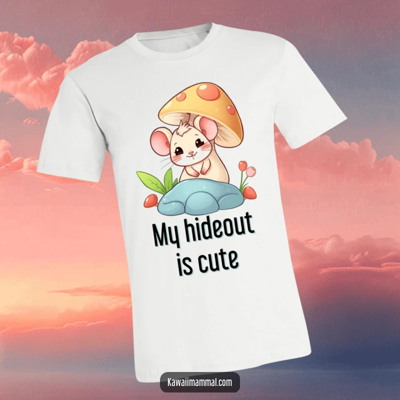 Funny t-shirt with a giggling mouse peeking from behind a giant mushroom, showcasing a moment of playful mischief.