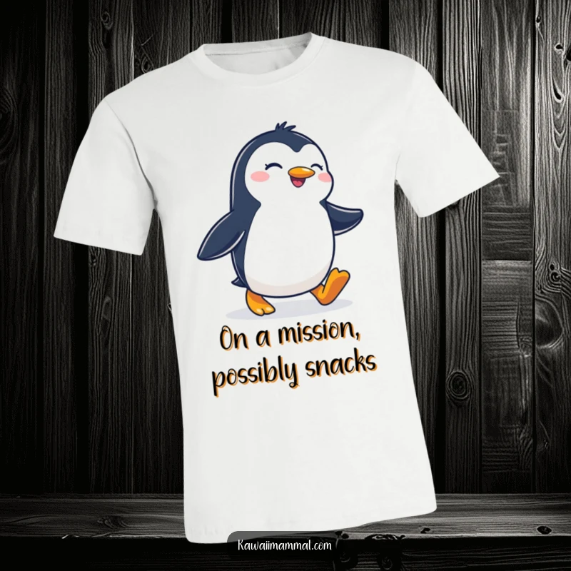 Funny t-shirt depicting a joyous penguin waddling with a very determined stride, conveying a sense of purpose and happy movement.