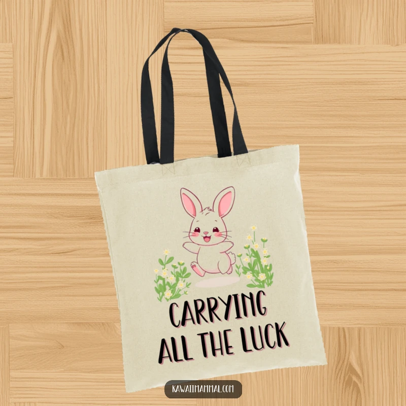 Funny tote bag showcasing a cute bunny energetically hopping through a field of clover, ready for adventure.
