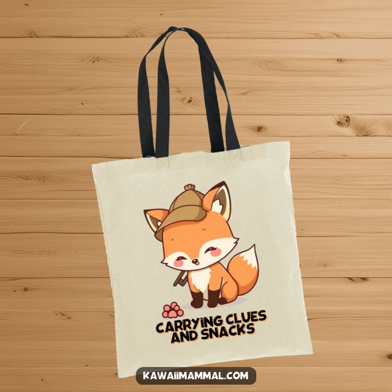 Funny fox detective with a hat sniffing a paw print, featured on a tote bag, ready for any mystery.