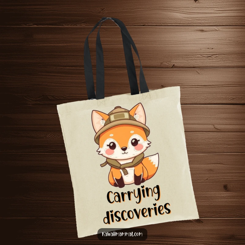 Funny tote bag featuring a kawaii fox in an explorer hat, curiously peering, ideal for carrying adventure essentials.