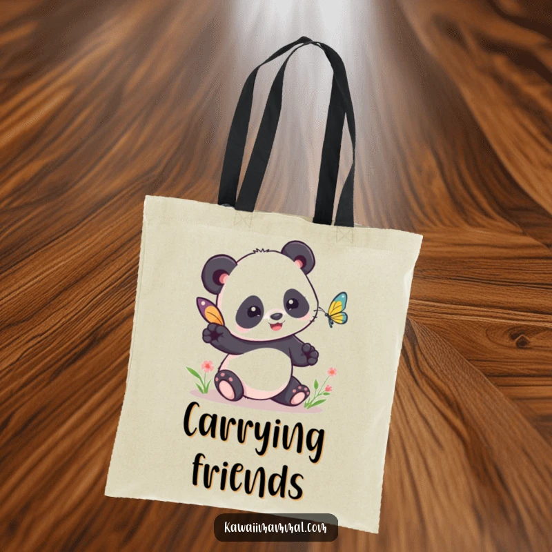 Funny Kawaii Panda Tote Bag: Features a cute panda playfully trying to tag a butterfly, a symbol of funny, innocent fun.