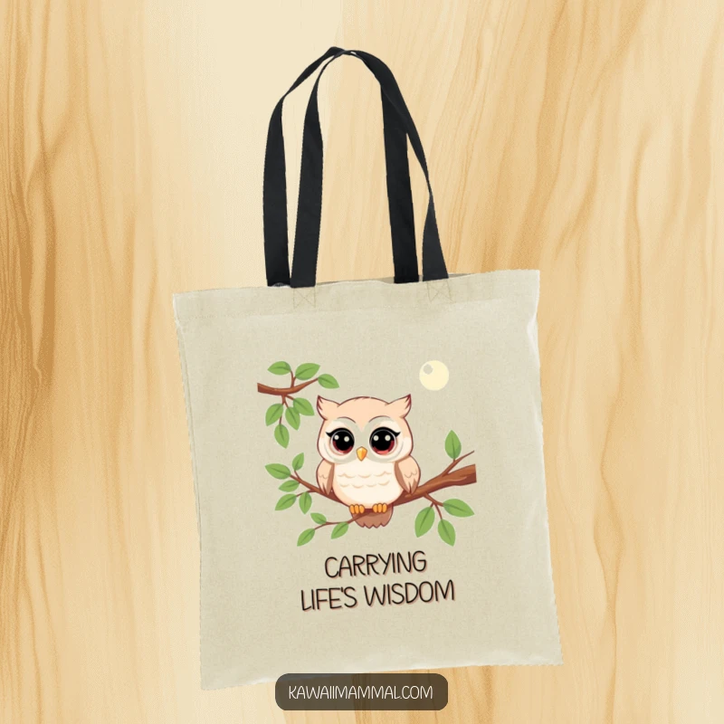 Funny kawaii owl tote bag showcasing a character perched on a branch, observing with wide eyes, perfect for carrying daily items.