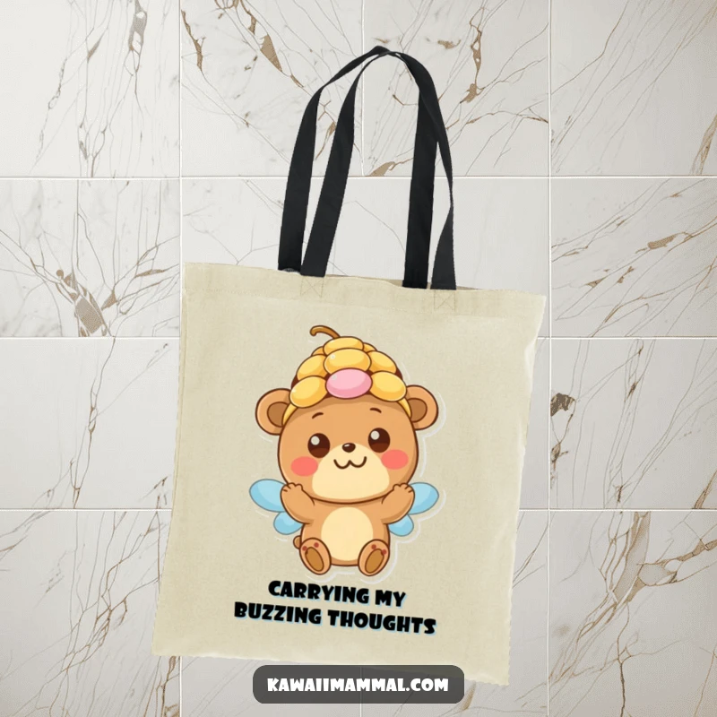 Funny Tote Bag: A happy bear with innocent eyes playfully attempts to wear a beehive, perfect for everyday use and a smile.