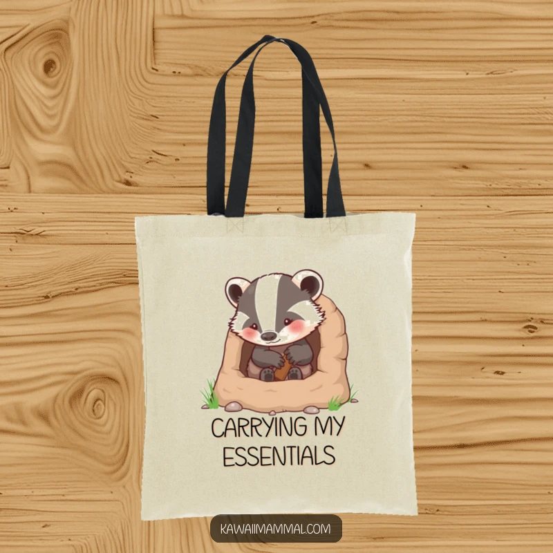 Funny tote bag illustrating a dedicated badger character constructing a warm and inviting burrow.