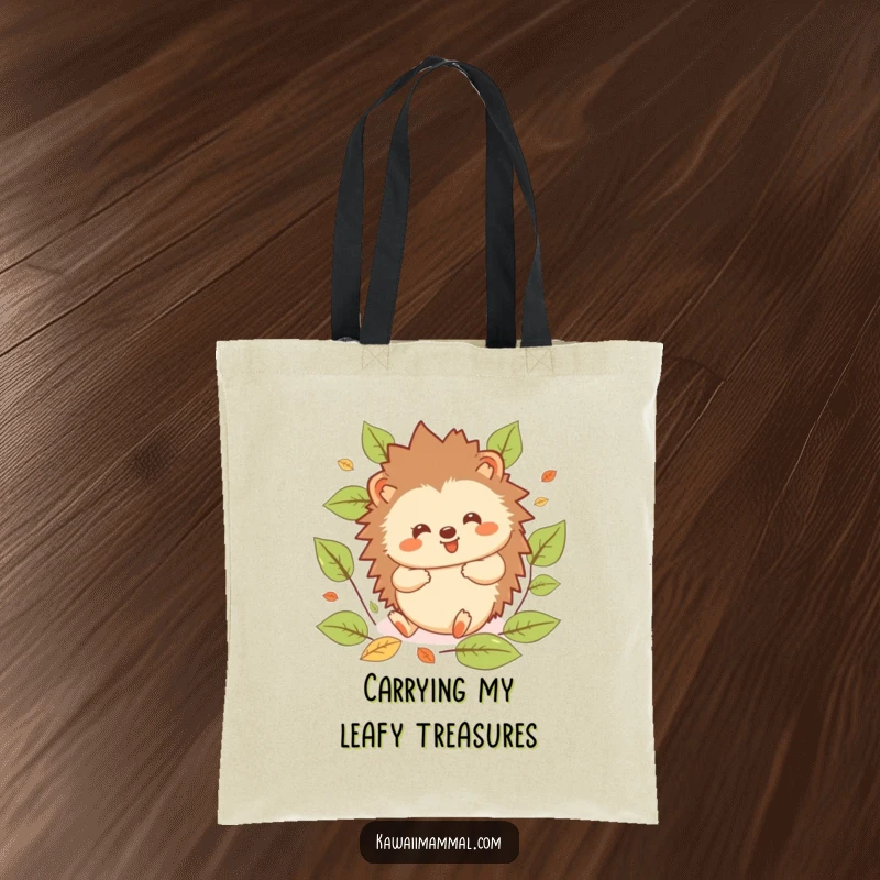 Funny Hedgehog Tote Bag: Charming kawaii hedgehog gleefully rolling surrounded by illustrated leaves, a humorous and practical carry-all.