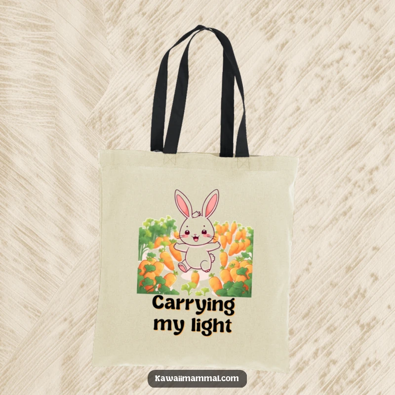 Funny rabbit tote bag showcasing a cheerful character hopping through a field of glowing carrots, perfect for carrying joy and essentials.