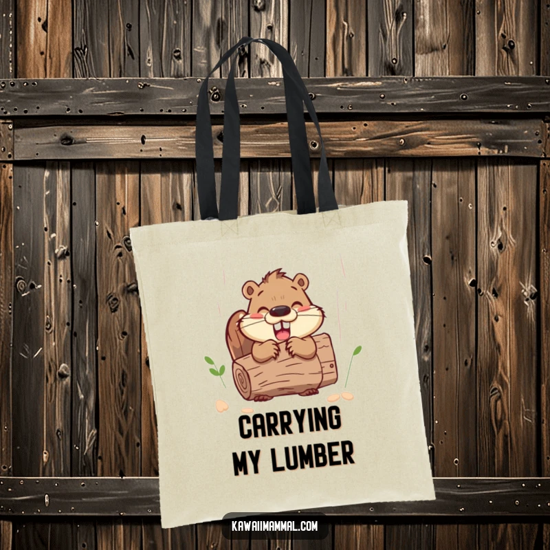 Funny happy beaver character, busy gnawing a log, featured on a practical and humorous tote bag.