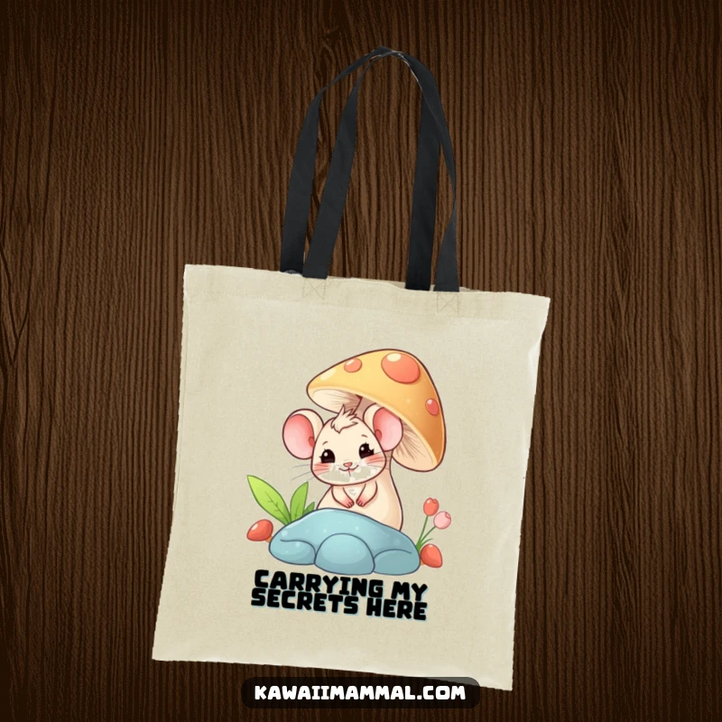 Funny tote bag featuring a giggling mouse peeking from behind a mushroom, ideal for carrying essentials with a touch of humor.