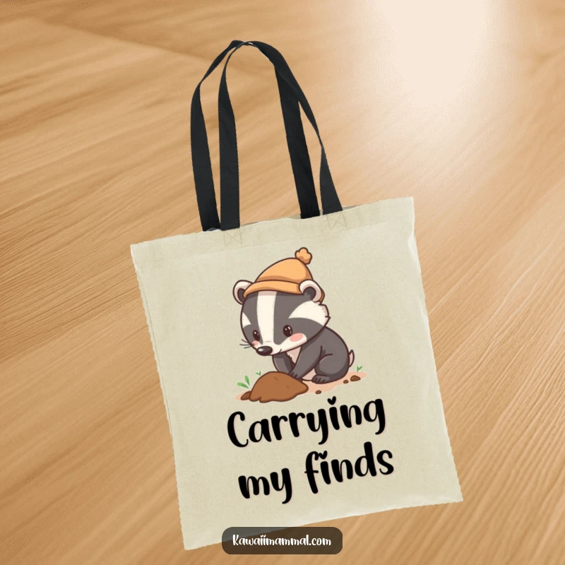 Funny tote bag showing a determined badger wearing a tiny hat digging with focus, ideal for carrying essentials with a hint of adventure.