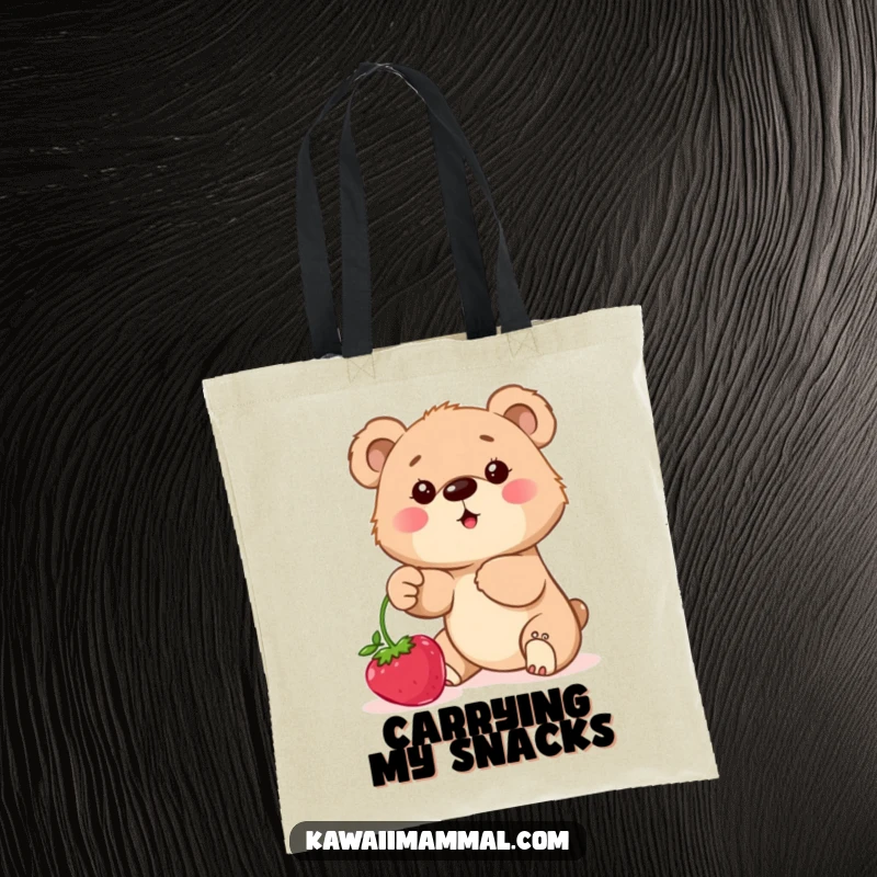 Funny Tote Bag showing a determined bear cub reaching for a juicy berry brush, perfect for stylish and humorous carrying.