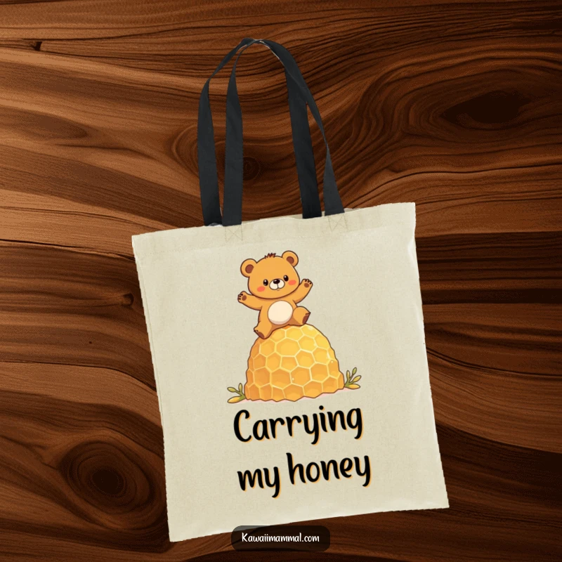 Funny tote bag featuring a determined bear character humorously balancing on a giant honeycomb, ideal for carrying daily items.