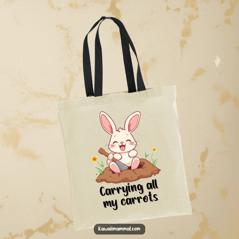 Funny bunny tote bag showcasing an energetic character enthusiastically digging a hole, perfect for carrying daily items.