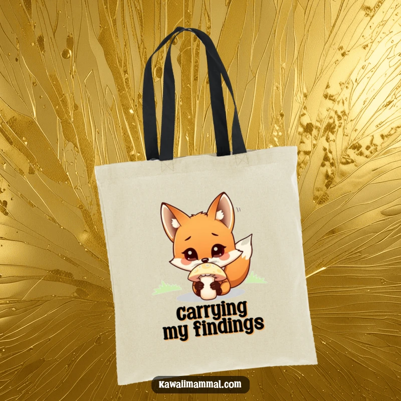Funny curious fox character, nose deep in sniffing a bright mushroom, on a charming and humorous tote bag.