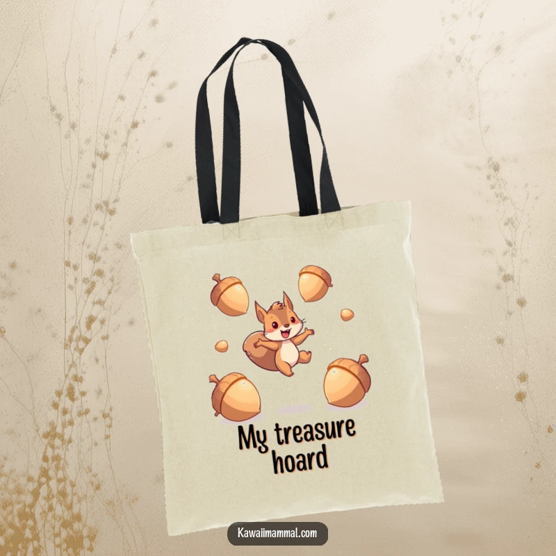 Funny squirrel tote bag showcasing an energetic character leaping between giant, sparkling acorns, perfect for carrying items with lively spirit.