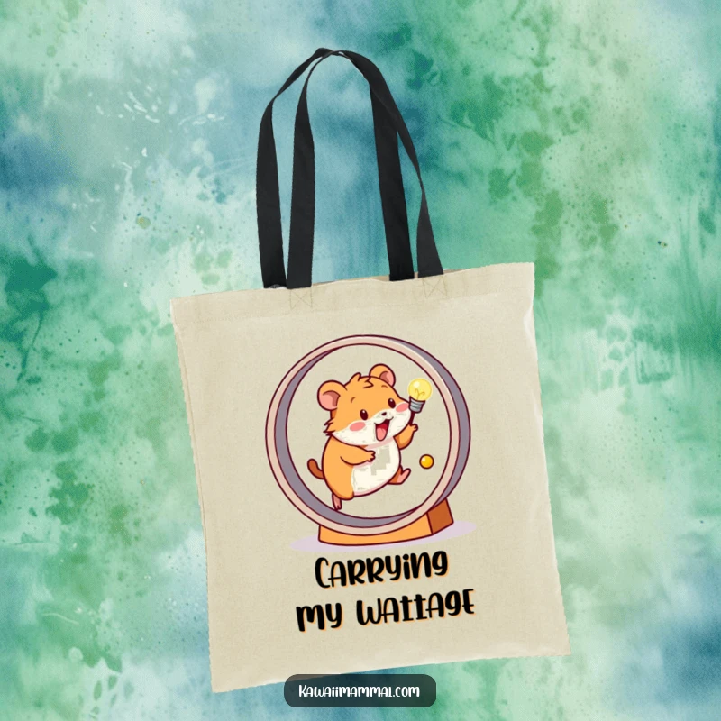 Funny tote bag with a happy hamster running on a wheel connected to a lit light bulb, promoting sustainable energy.
