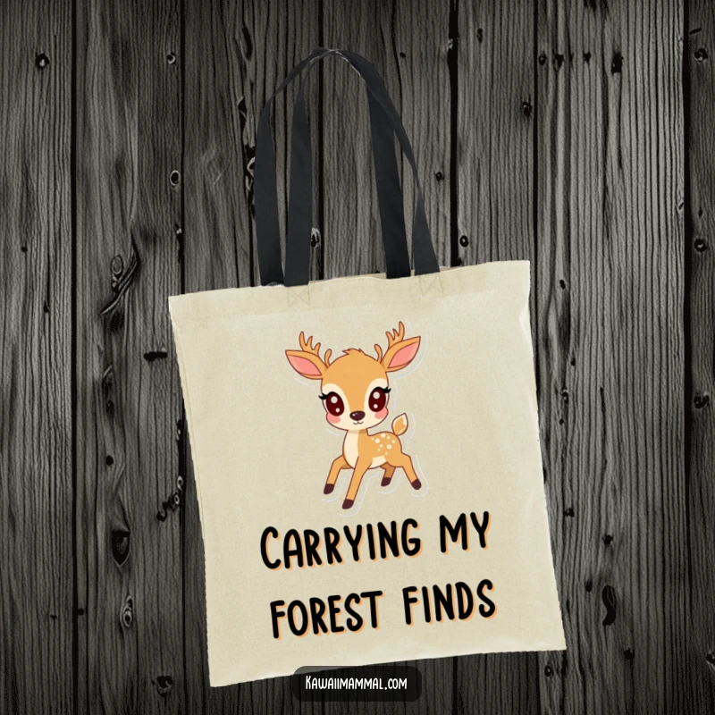 Funny kawaii deer with wide eyes, captured prancing gracefully, on a durable tote bag, perfect for cute animal lovers.