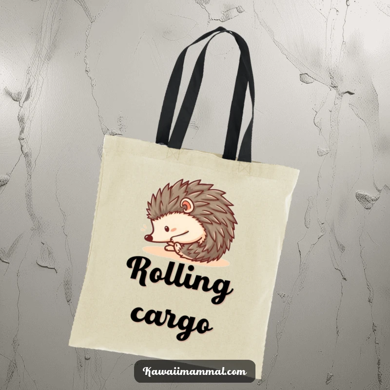 Funny Kawaii Hedgehog Tote Bag: Features a cute hedgehog curled into a ball, rolling downhill, a symbol of funny, spontaneous journeys.