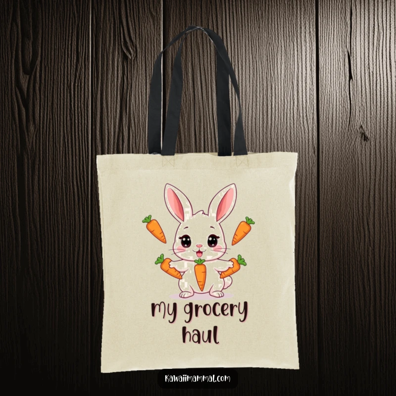 Funny tote bag featuring a Kawaii rabbit with wide eyes attempting to juggle three carrots, perfect for carrying groceries with veggie-themed humor.