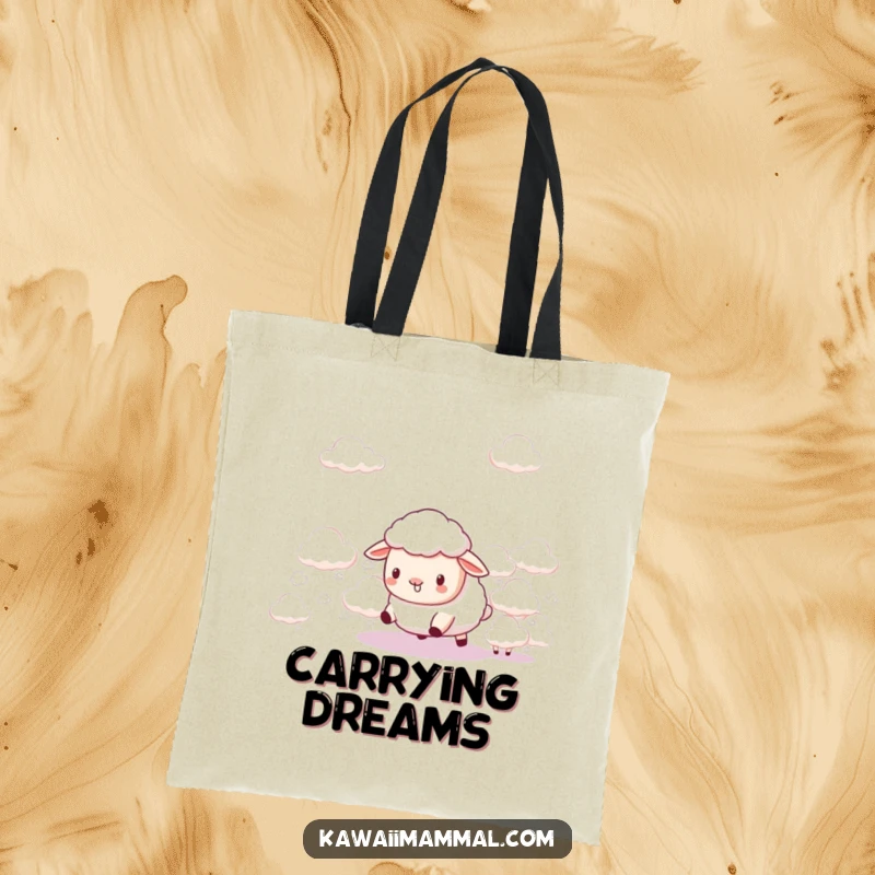 Funny Kawaii Sheep Tote Bag: Features a cute sheep playfully herding fluffy clouds, a symbol of funny, dreamy adventures.