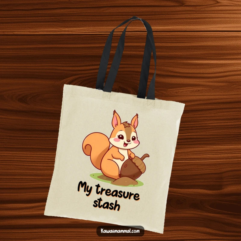 Funny kawaii squirrel energetically burying a massive acorn, on a durable tote bag, perfect for collectors.