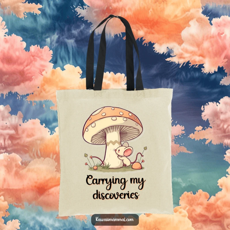 Funny Mouse Tote Bag: Cute kawaii mouse bravely sniffing a large mushroom, a humorous and practical carry-all for explorers.