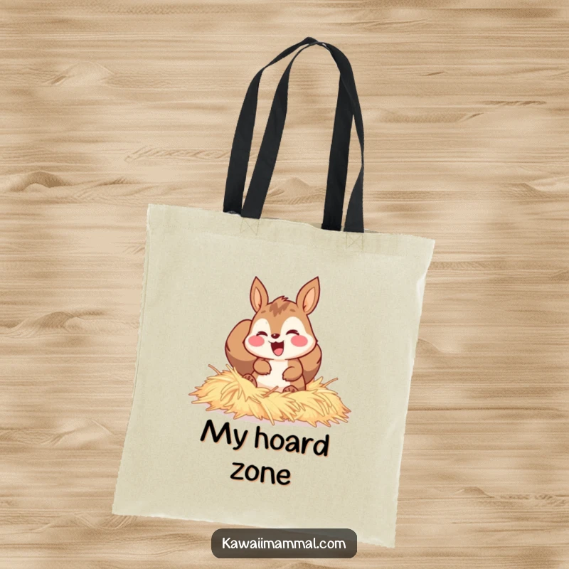 Funny tote bag depicting a happy squirrel character joyfully burrowing through a large pile of soft hay with pure glee.
