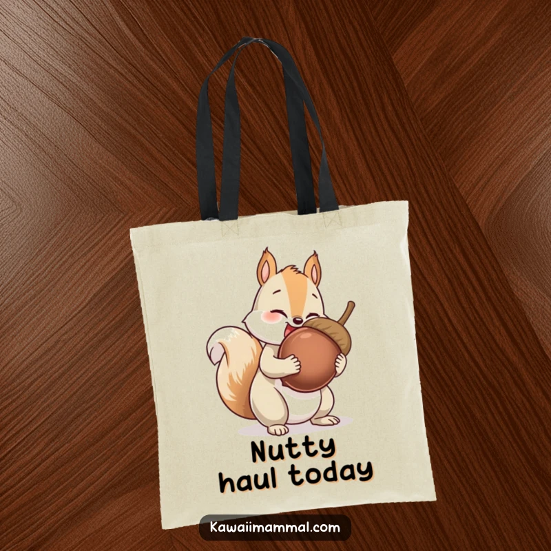 Funny Squirrel Tote Bag with a giggling squirrel character collecting an impossibly large acorn, a whimsical and useful accessory.