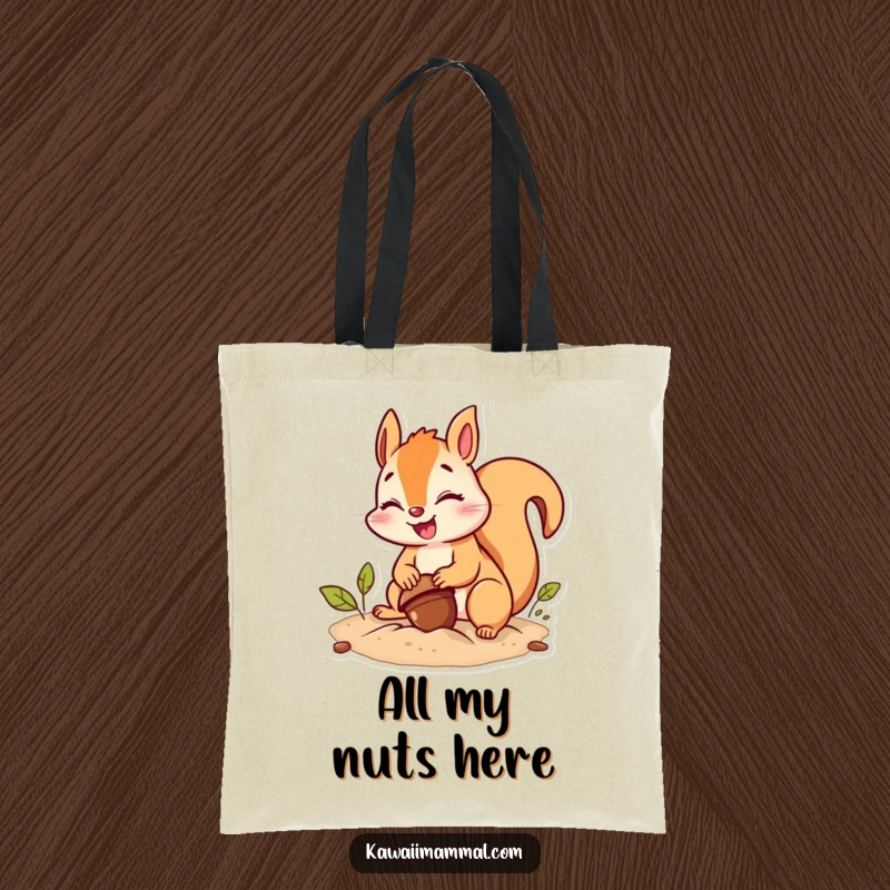 Funny squirrel tote bag featuring a giggling character burying an acorn with comical effort, perfect for humorous storage.