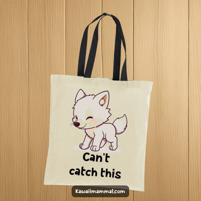 Funny Wolf Pup Tote Bag: Cute kawaii wolf pup energetically chasing its tail, a humorous and practical carry-all.