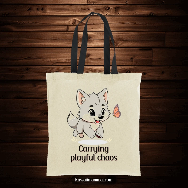 Funny tote bag illustrated with a lively wolf puppy in energetic pursuit of a delicate butterfly.