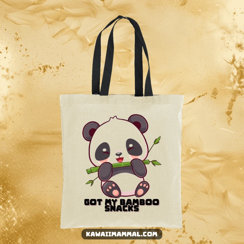 Funny Panda Tote Bag: Cute kawaii panda happily munching bamboo, a humorous and practical carry-all for food lovers.