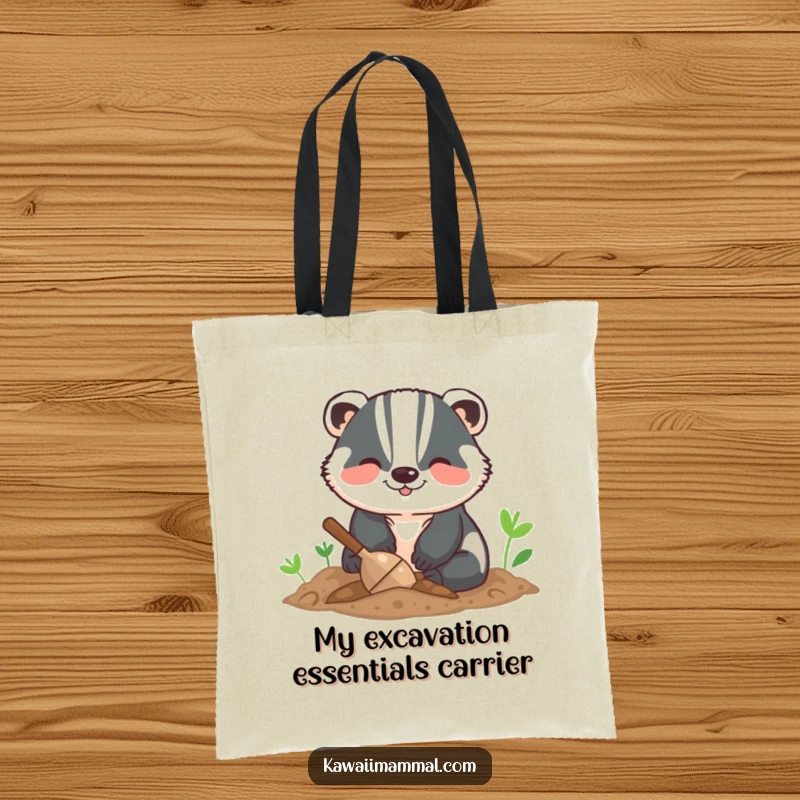 Funny tote bag showcasing a happy badger digging enthusiastically in the dirt, perfect for carrying groceries or giggles.