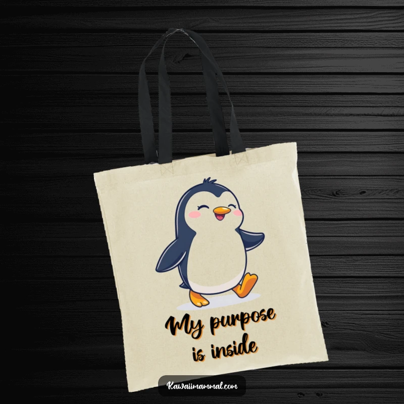 Funny tote bag showing a joyous penguin waddling with determination, perfect for carrying items with a boost of cheerful motivation.