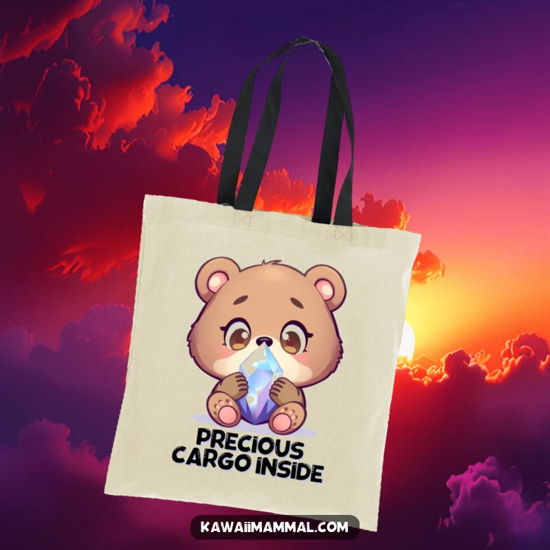 Funny bear cub tote bag showcasing a focused character examining a shimmering crystal with wide, wondering eyes, perfect for carrying treasures and curiosity.
